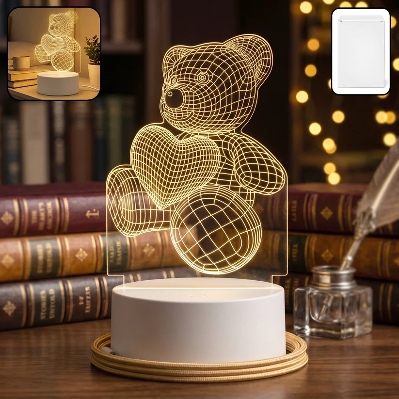 3D Teddy Bear Night Lamp – LED Decorative Light for Home & Kids